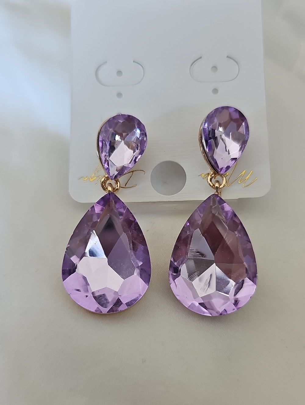 Gold-Trim Purple Teardrop Crystal Drop Earrings